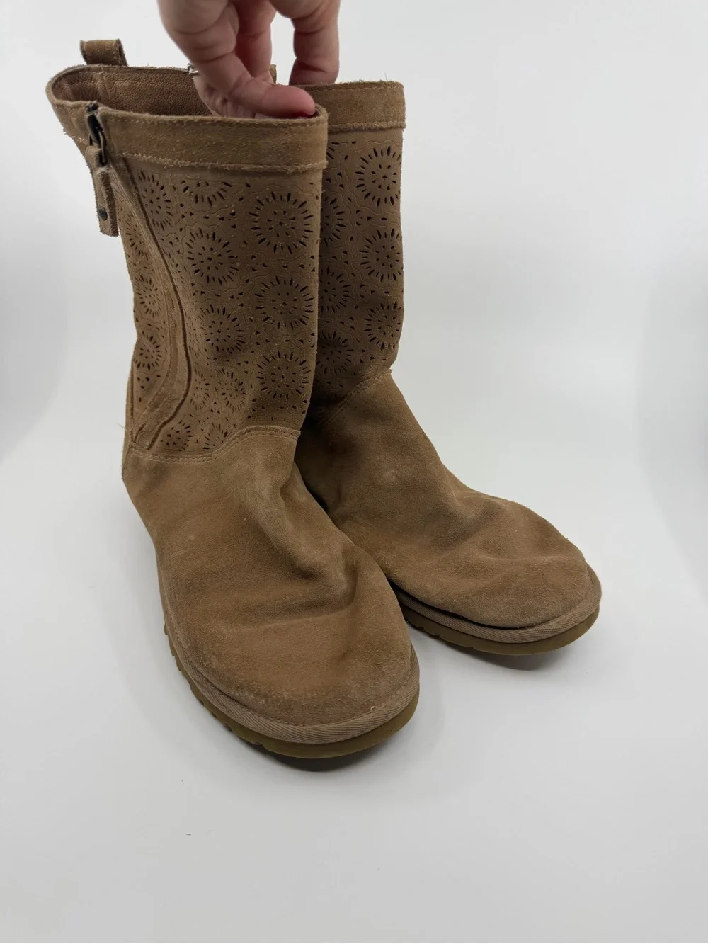 UGG Lo Pro Marrakech Boots Chestnut Suede Sheepskin Laser Cut Side Zip Women's 9